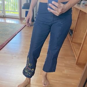 Toes on the nose crop pants with ocean embroidery on the bottom